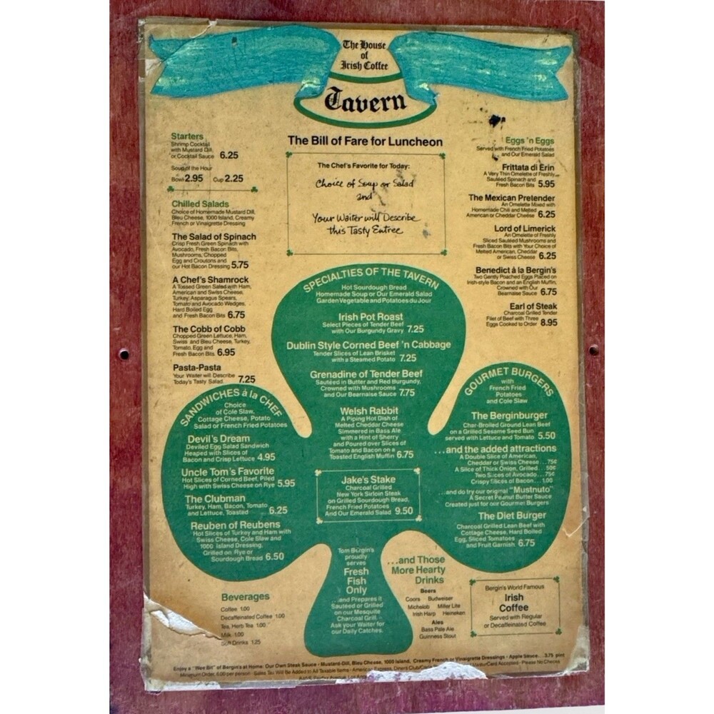 Vintage Tom Bergins Tavern Irish Coffee Menu Plaque Los Angeles Fairfax Ave